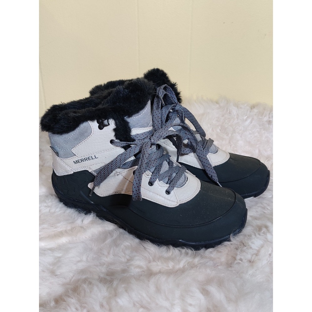 Merrell Aurora 6 White Ice Black Faux Fur Waterproof Women Boots J37224 Size 8